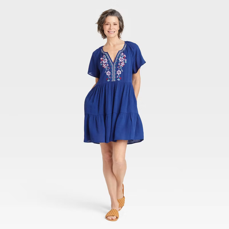 Women's Raglan Short Sleeve Embroidered Tiered A-Line Dress - Knox Rose™ | Target
