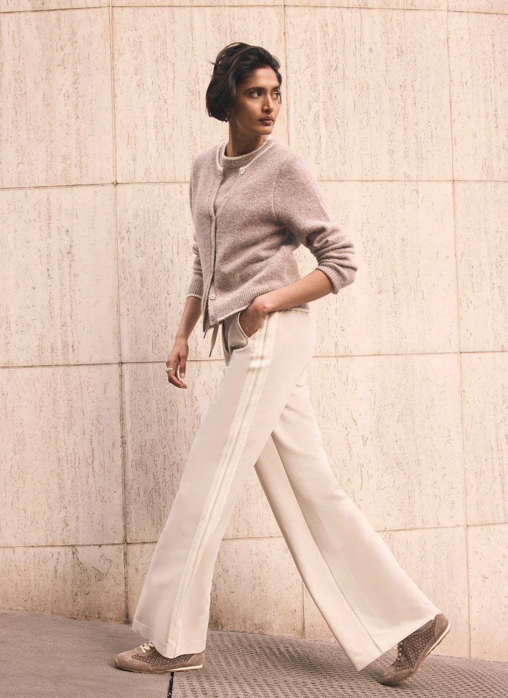 Neutral Crochet Side Stripe Wide Joggers | Mint Velvet
