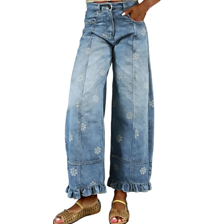 sicmoss Women's Blue Cotton Barrel Jeans Y2K Wide Leg Baggy Ruffle Hem with Pockets | Walmart (US)