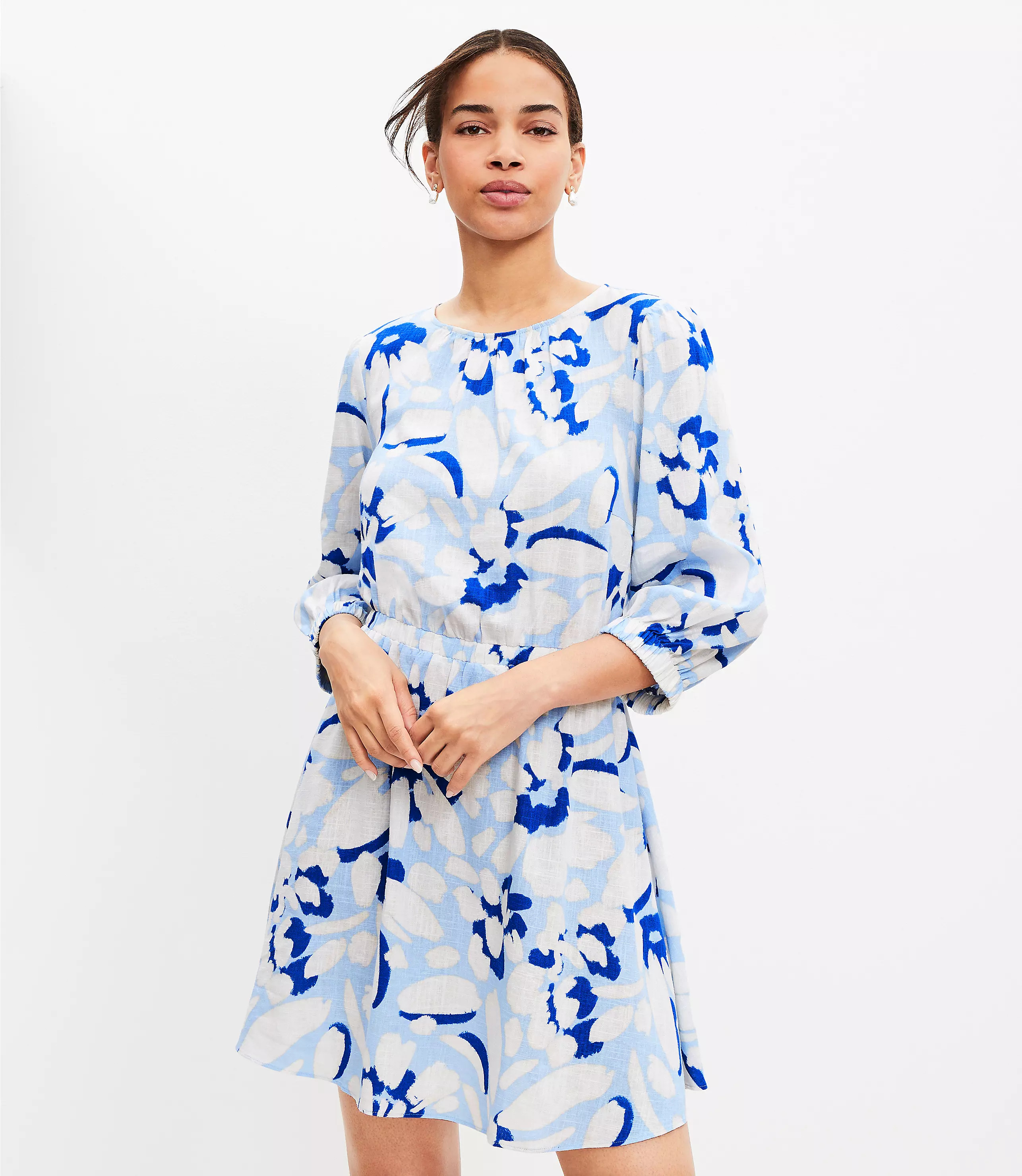Brushed Daisy Balloon Sleeve Flare Dress | LOFT