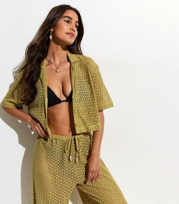 Women's Green Crochet Knit Cropped Shirt New Look | New Look (UK)