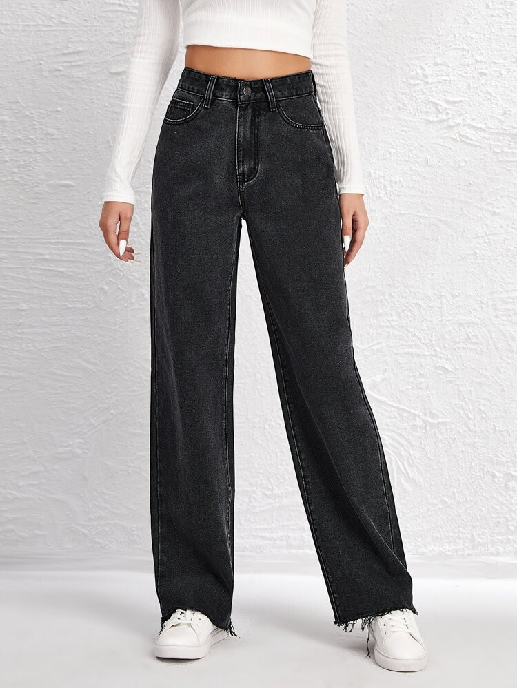 Hose mit hoher Taille, ungesäumtem Saum und breitem Beinschnitt | SHEIN