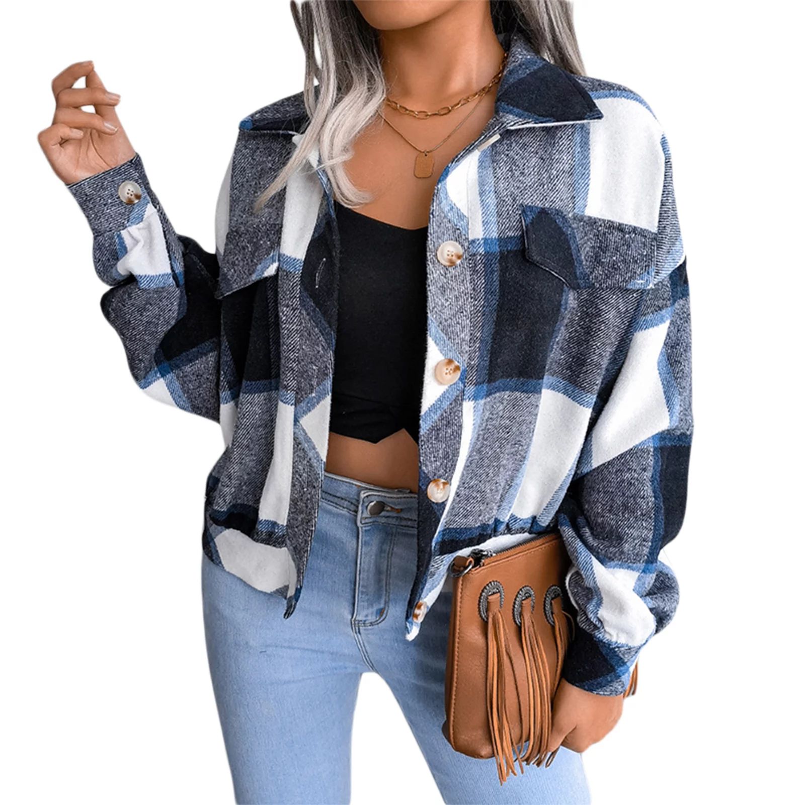 Women  Plaid Flannel Cropped Jacket Button Down Wool Blend Shacket Long Sleeve Casual Brushed Fal... | Walmart (US)