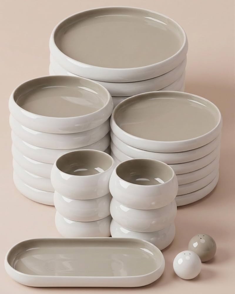 Porcelain Crockery Set 27 Pieces for 6 People - BAVARY Chubby - White Taupe Dinner Service with Plates, Bowls, Serving Plate & Salt/Pepper Shakers - Dishwasher & Microwave Safe : Amazon.de: Home & Kitchen | Amazon (DE)
