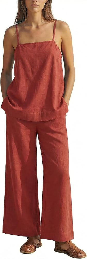 MAKABO Women's Two Piece Beach Vacation Pant Set Summer, Linen Feel Comfy Travel Outfits Casual T... | Amazon (US)