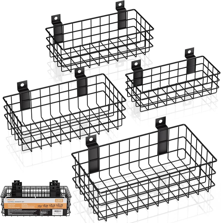 INCLY 4 Pack Black Slatwall Baskets Set, Ventilated Metal Hanging Storage Slat Wall Basket, Mount... | Amazon (US)
