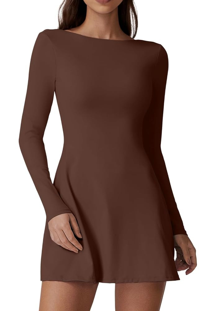 QINSEN Women's Open Back Tennis Dress Long Sleeve Built in Shorts Golf Athletic Dress with Pocket... | Amazon (US)