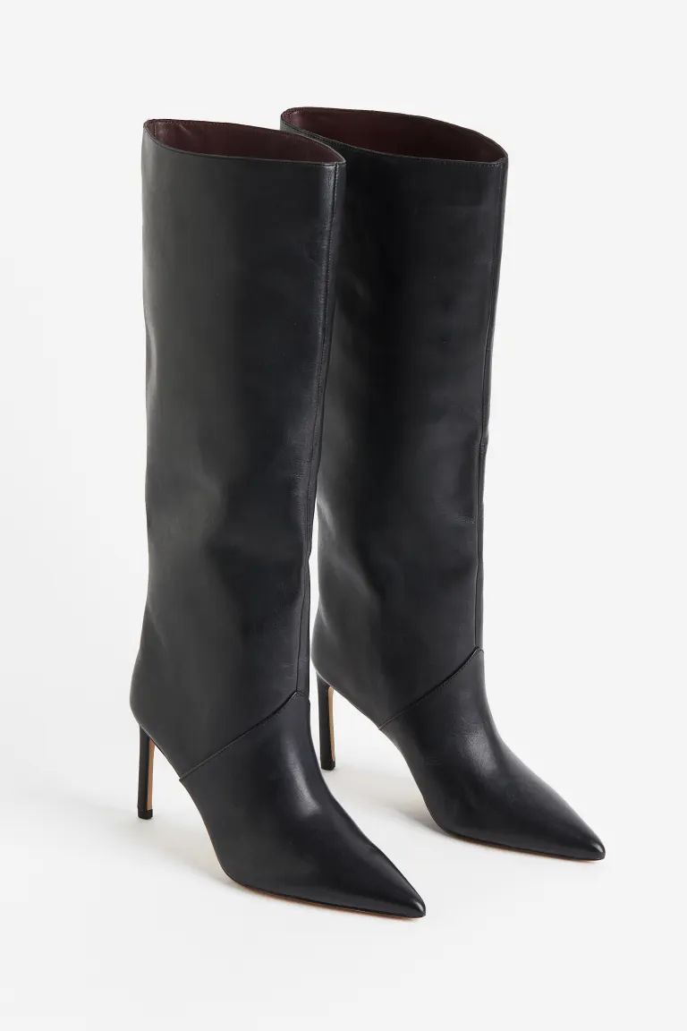 Knee-high Heeled Leather Boots - Black - Ladies | H&M US | H&M (US + CA)