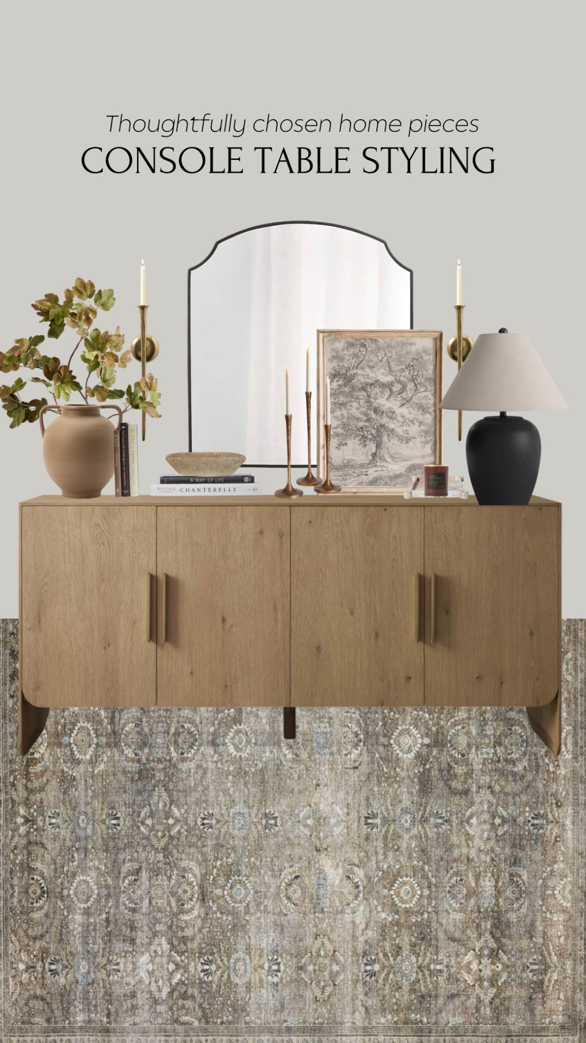 Console table styling. I am putting together some styling for our console table that I am currently painting for a new look. These colors are so warm and inviting and perfect for a year around. I have loved this mirror for years and needed to style it. I really love bringing in warm colors mixed in with some dark neutrals with the lamp and faux stems 🤎#LTKStyleTip

#LTKHome