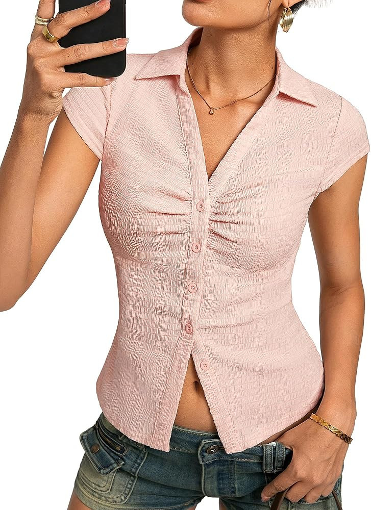 Kate Kasin Women Button Down Blouse, V-Neck Ruched Tops with Y2K Collar, Slim Fit Cap Sleeve Busi... | Amazon (US)