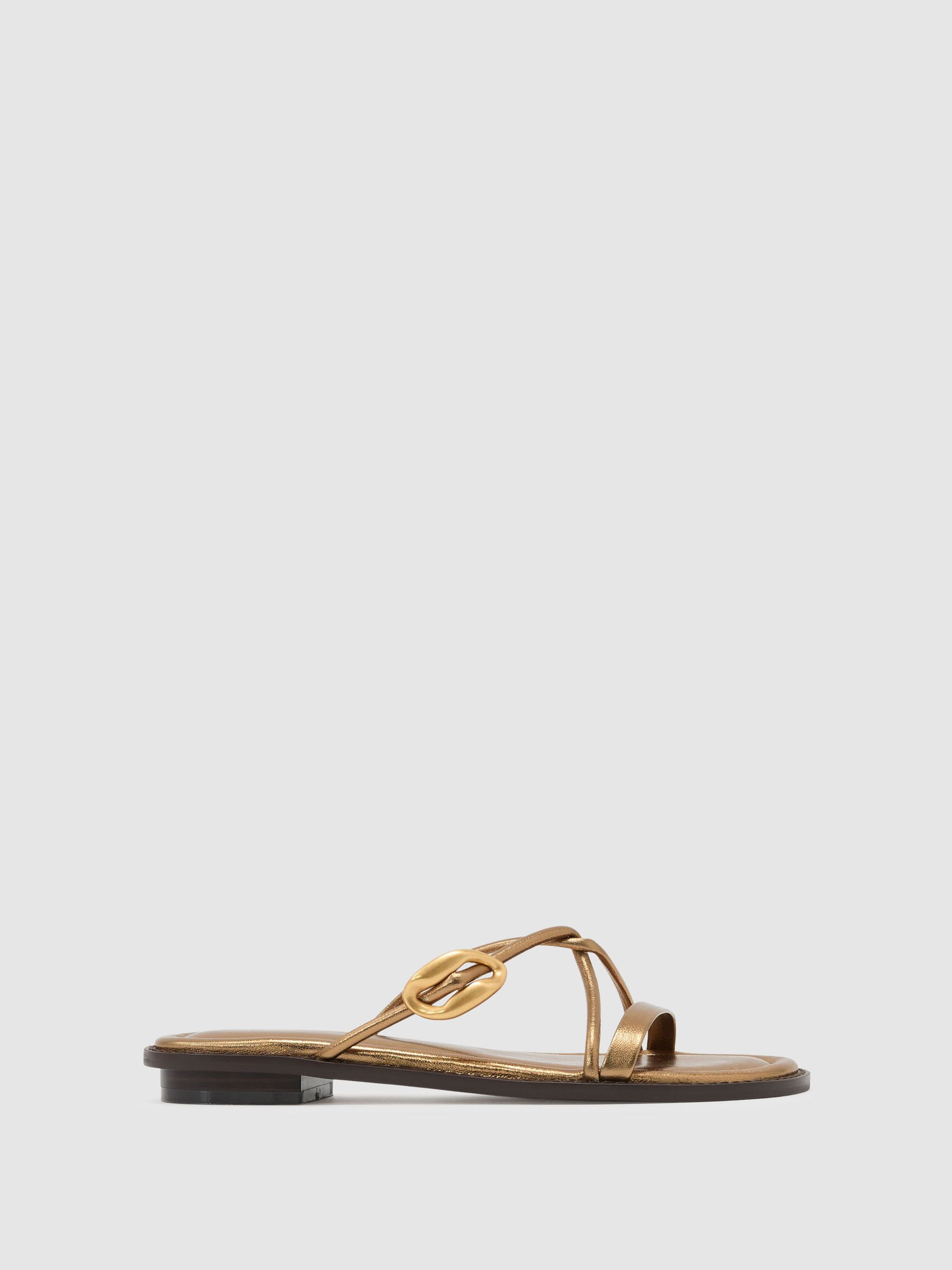 Reiss Leather Twist-Strap Flat Sandals in Dark Gold - REISS | Reiss UK