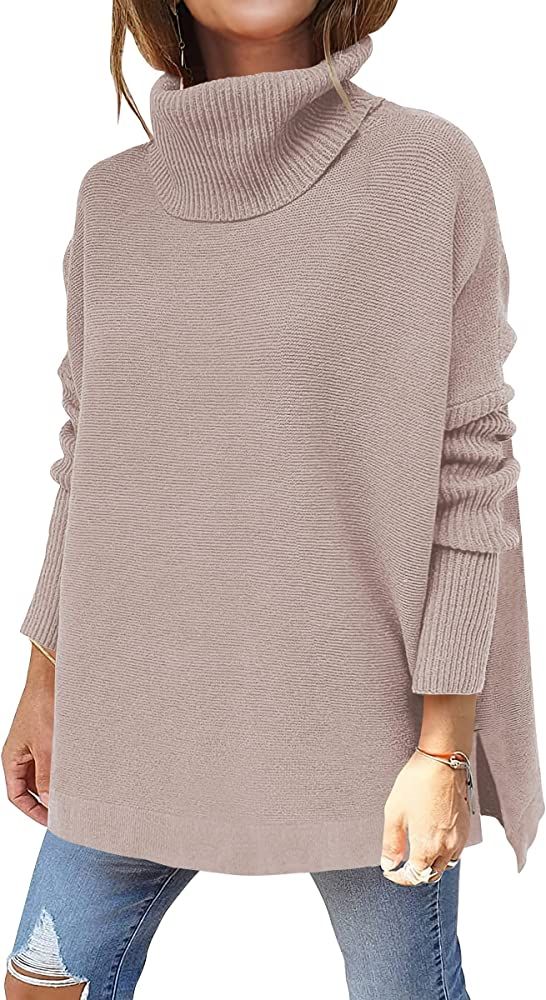 ANRABESS Women's Turtleneck Oversized Sweaters 2022 Fall Long Batwing Sleeve Spilt Hem Tunic Pull... | Amazon (US)