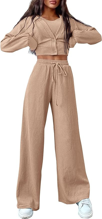 PRETTYGARDEN Womens 2023 Fall Track Suits 3 Piece Outfits Matching Sets Ribbed Knit Cardigan Crop... | Amazon (US)