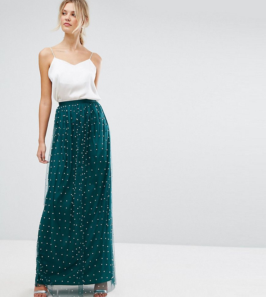 ASOS TALL Faux Pearl Embellished Tulle Maxi Skirt - Green | ASOS US