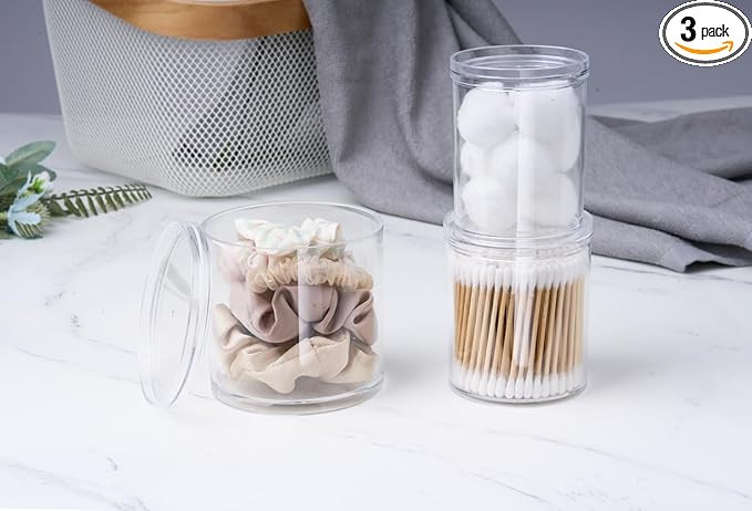 Qtip Holder Acrylic Stackable Clear Storage Jars 3 Pack, Plastic Bathroom Organizer for Cotton Sw... | Amazon (US)