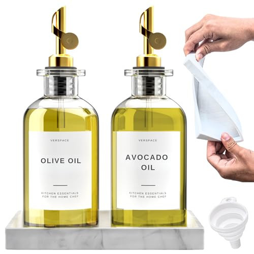Verspace - Clear Glass Olive Oil Dispenser Bottles For Kitchen With Silicone Tray & 40 Labels, Soy Sauce Dispenser, Coffee Syrup Dispenser, Olive Oil Bottles Set Of 2, Gold | Amazon (US)