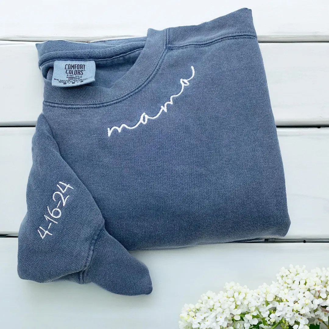 Comfort Color Custom Embroidered Mama Sweatshirt With Kid Name on Sleeve, - Etsy | Etsy (US)
