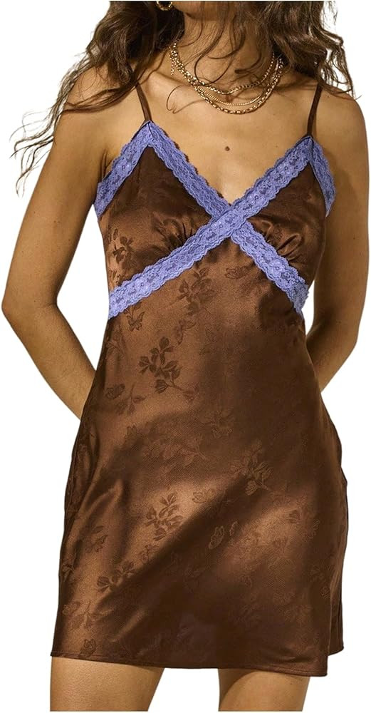 Floerns Women's Floral Jacquard Satin Mini Dress Sleepwear Lace V Neck Night Out Dresses | Amazon (US)