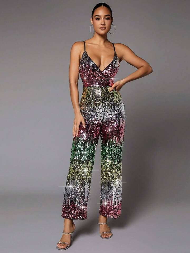 SHEIN BAE Christmas Plunging Neck Sequin Cami Jumpsuit | SHEIN