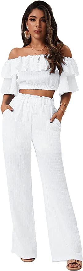 Romwe Women's 2 Piece Outfit Off The Shoulder Crop Top Wide Leg Pants Set | Amazon (US)