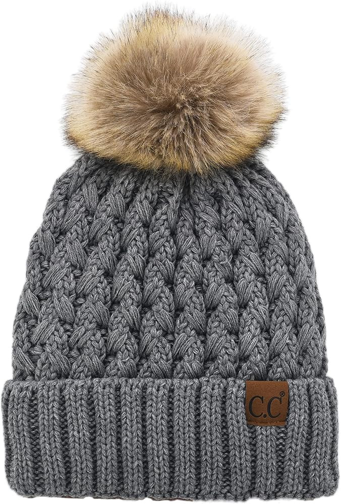 C.C Women’s Winter Cable Fleece Lining Ribbed Beanie Braided Knit Crossover Stitch Chunky Fur P... | Amazon (US)