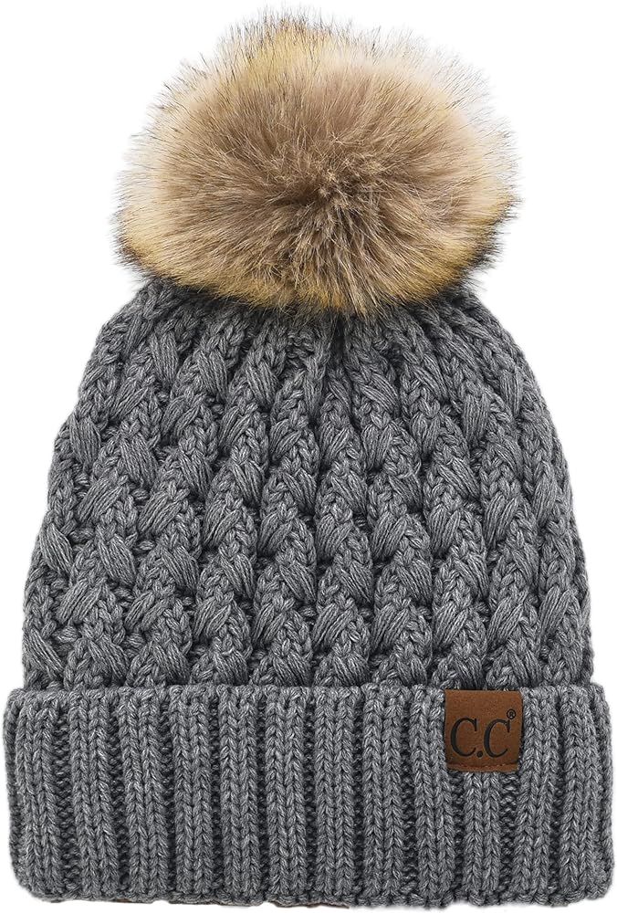 C.C Women’s Winter Cable Fleece Lining Ribbed Beanie Braided Knit Crossover Stitch Chunky Fur P... | Amazon (US)