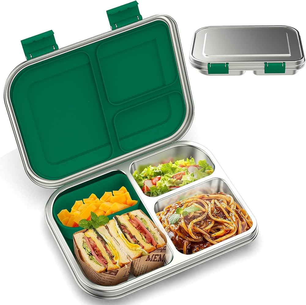 Stainless Steel Kids Leak-Resistant Bento Lunch Box, 3-Compartments with Silicone Container, Dish... | Amazon (US)