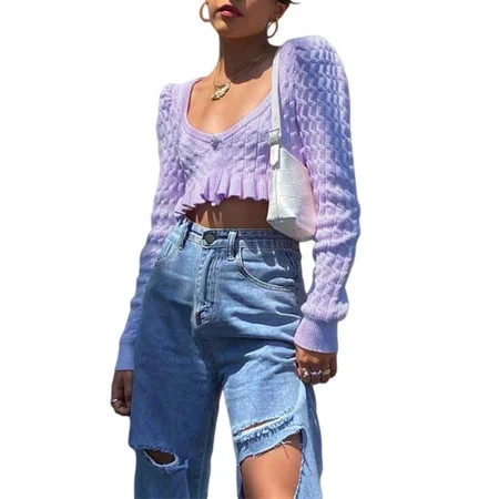 Loalirando Women Loose Casual Warm Purple Knitting Sweater Y2K Pullover Jumper Tops | Walmart (US)