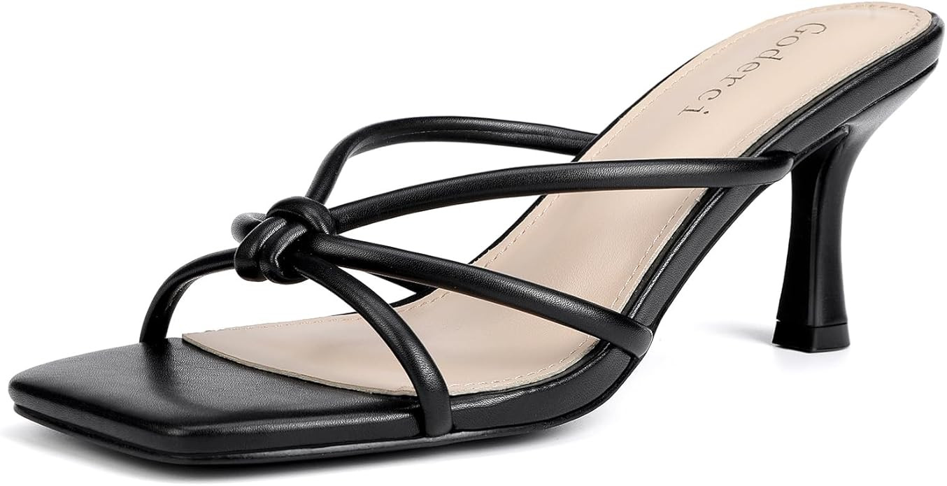 Kitten Strappy Heels for Women Knotted Square Open Toe Slip On Mule Heels Mid Heeled Sandals | Amazon (US)