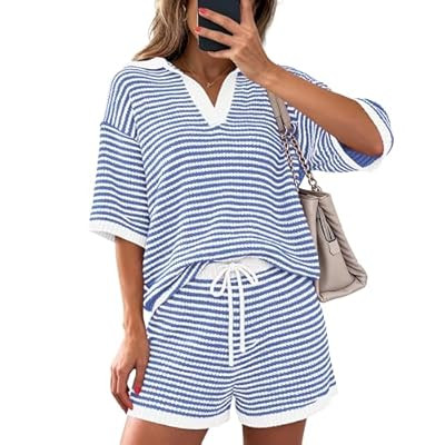 PRETTYGARDEN Women 2 Piece Lounge Sets Short Sleeve V Neck Striped Tops… | Amazon (US)