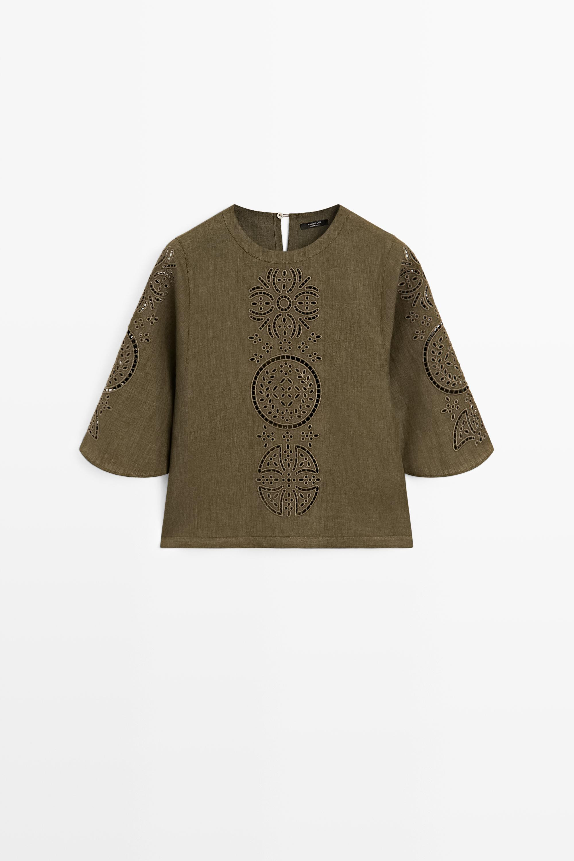 Linen blend blouse with embroidered details | Massimo Dutti US
