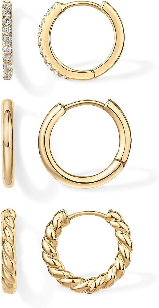 PAVOI 18K Gold Plated 925 Sterling Silver Posts 3 Pairs Small Hoop Earrings Set | Cubic Zirconia ... | Amazon (US)