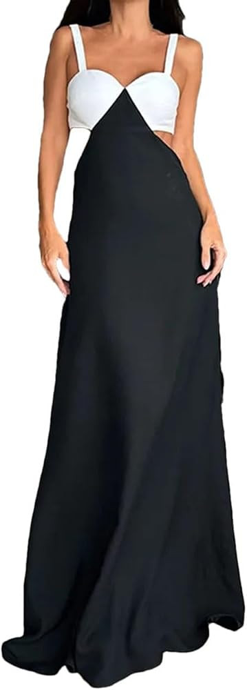 Women Gauze Contrasting Color Strap Maxi Dress Elegant Backless Sleeveless High Waist Dresses | Amazon (US)