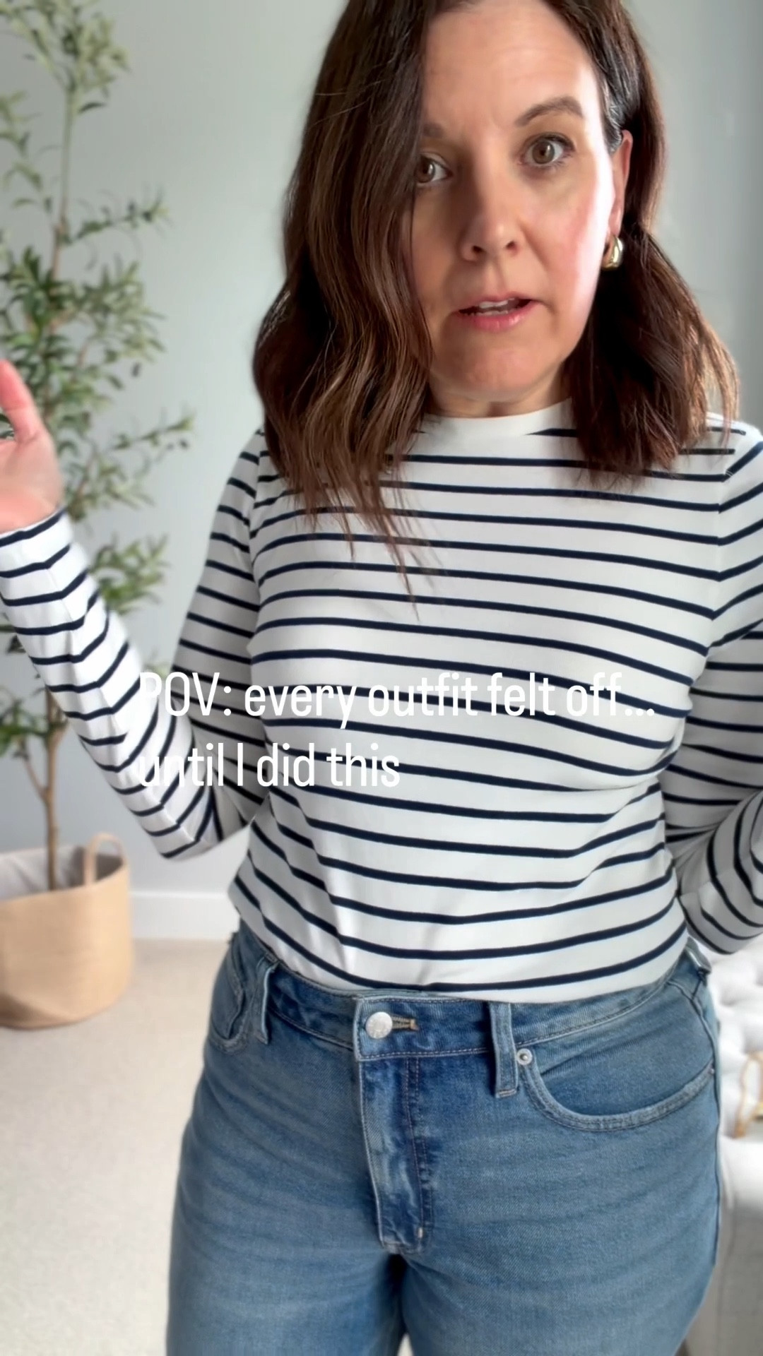 Today’s attempts to get dressed almost backfired on me. Every outfit felt off. 
Cold spring weather will do that.
My striped shirt from my spring jeans capsule wardrobe got me back on track and out the door to try on dresses (hence the extra shoes).

Captions are auto-generated… please forgive errors.

📏For reference, I’m midsized, 5’6”, slightly short-waisted, 36-B bust, and wear a small or medium top with size 10 jeans.

Fit notes: 
@jcrewfactory navy striped tee (sized up to a M) and curvy straight hit jeans (tts)
@oldnavy jacket- size small, fits big. 
Brown Mary Janes- sold out from @nordstrom, similar linked 
@loft bauble earrings
@biena rockin’ ranch chickpeas
@spindrift grapefruit spritzer
@Tuckernuck  brown slides (gifted)

#LTKMidsize #LTKOver40 #LTKSaleAlert