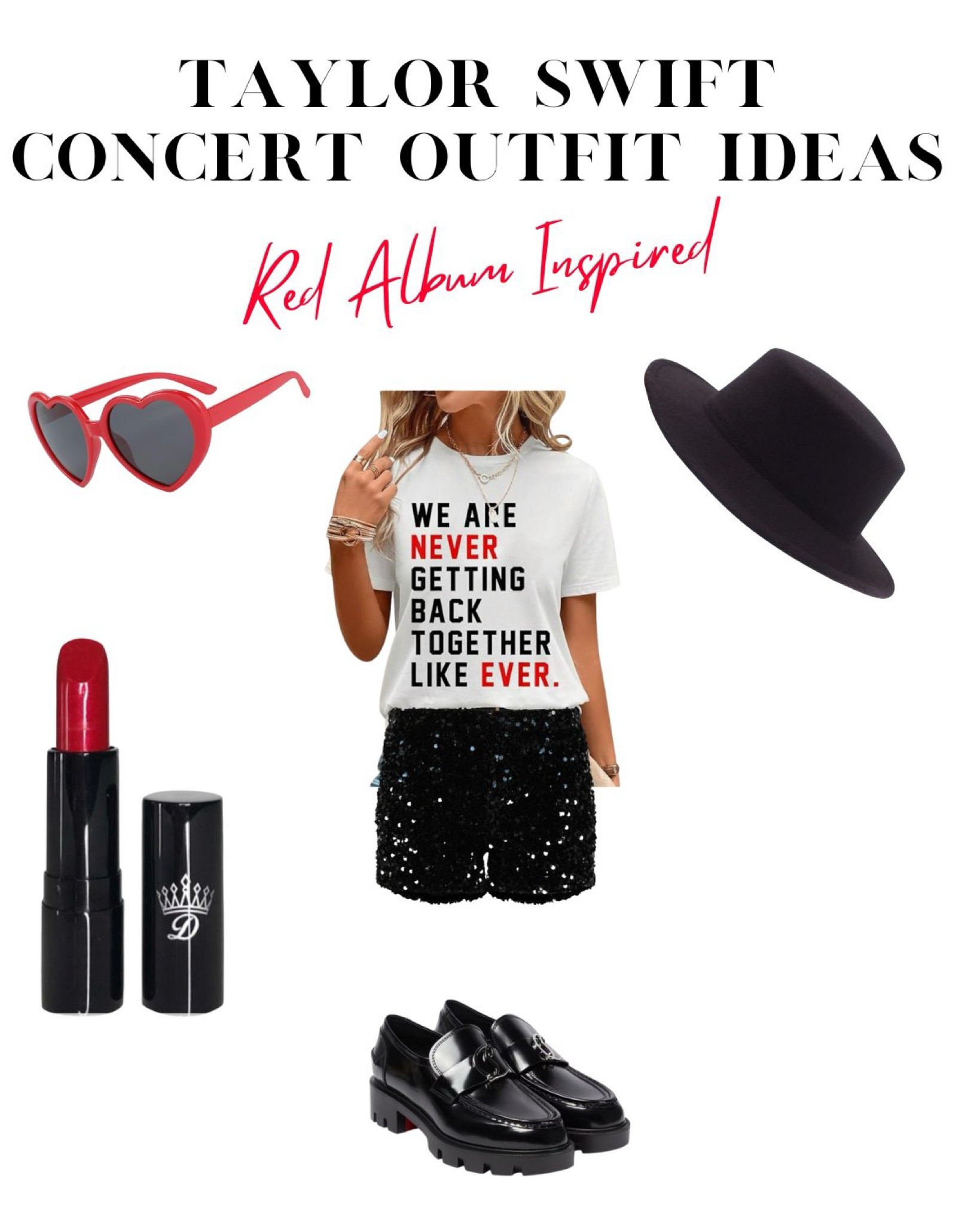 Taylor Swift Eras Tour concert outfit ideas inspired by her Red album costumes. Think ‘we are never getting back together like ever’ t-shirt, black sequin shorts, red lipstick, black fedora, red heart sunglasses and black loafers to complete this concert outfit. #concertoutfits #ltkparties #ltkconcert
