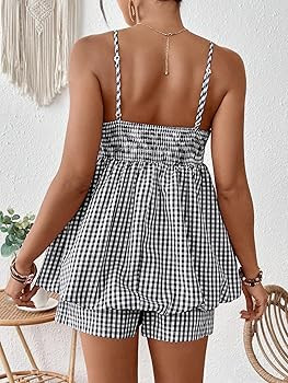 SweatyRocks Women's Maternity 2 Piece Outfits Plaid Peplum Bubble Cami Top and Shorts Sets | Amazon (US)