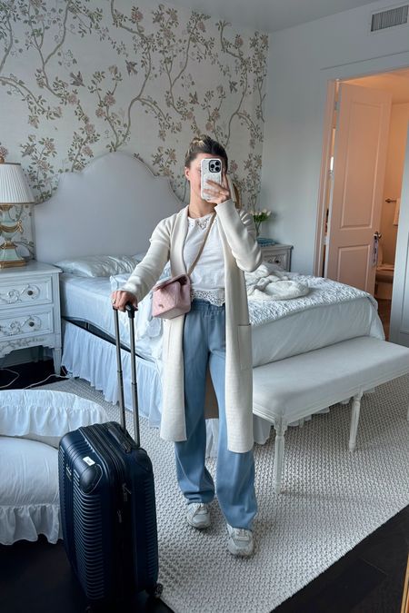 Comfy cutesy airport outfit🤍✈️ I loovveee these Lulu pants for traveling bc they’re so dang soft! It’s their softstreme material and it’s about the only pieces I buy from Lululemon these days! 

Pants size 6 regular length
T-shirt size xs
Cardigan from Aritzia (not on ltk/can’t link) size small