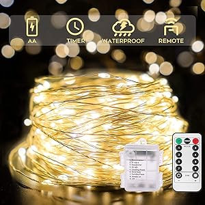 suddus 66ft 200 LED Outdoor String Lights, Warm White Fairy Lights Battery Operated with Remote, ... | Amazon (US)
