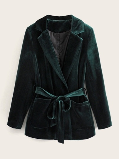 Dual Pocket Velvet Belted Blazer | SHEIN