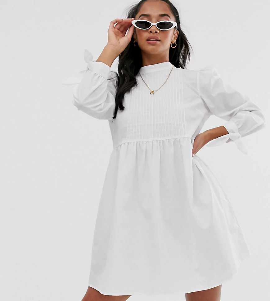 ASOS DESIGN Petite high neck mini smock dress with pin tucks and tie sleeves-White | ASOS (Global)