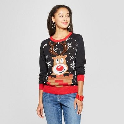 Women's Reindeer Interactive Ring Toss Ugly Sweater - Well Worn (Juniors') Black | Target