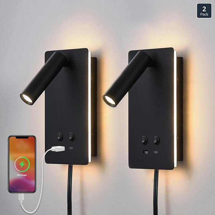 MOLUOLA LED Wall Lamp Wall Mounted Reading Lights Set of 2, Adjustable Headboard Plug in Wall Sco... | Amazon (US)