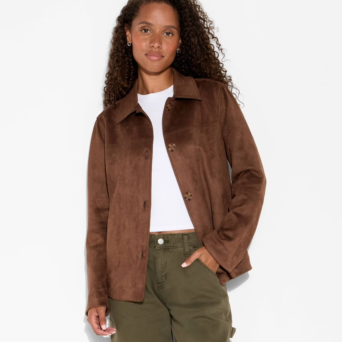 Women's Pointed Collar Faux Suede Chore Coat - Wild Fable™ Brown | Target