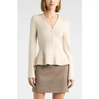 Open Edit Softluxe Ribbed Waist Cardigan in Beige Oatmeal Light Heather at Nordstrom, Size Large | Nordstrom