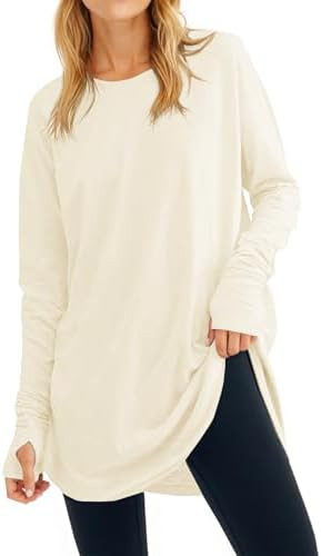 Fisoew Women's Casual Long Sleeve Tops Crew Neck Round Hem Loose T-Shirts Tunic Tops with Thumb H... | Amazon (US)