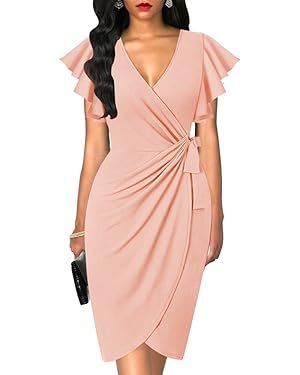 oten Womens Deep V Neck Ruffle Sleeve Sheath Casual Cocktail Party Work Faux Wrap Dress | Amazon (US)