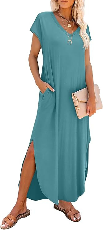 RUMIA Summer Casual Maxi Dresses for Women- Women's V Neck Cap Sleeve Long Sundress with Pockets ... | Amazon (US)