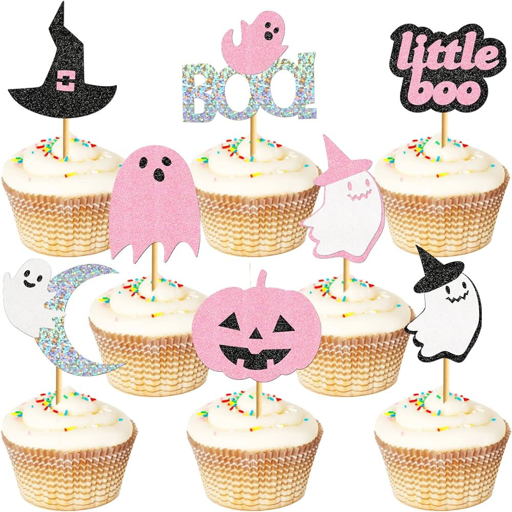 48Pcs Pink Halloween Cupcake Toppers Little Boo Baby Shower Cupcake Toppers Girl Spooky One Birth... | Amazon (US)