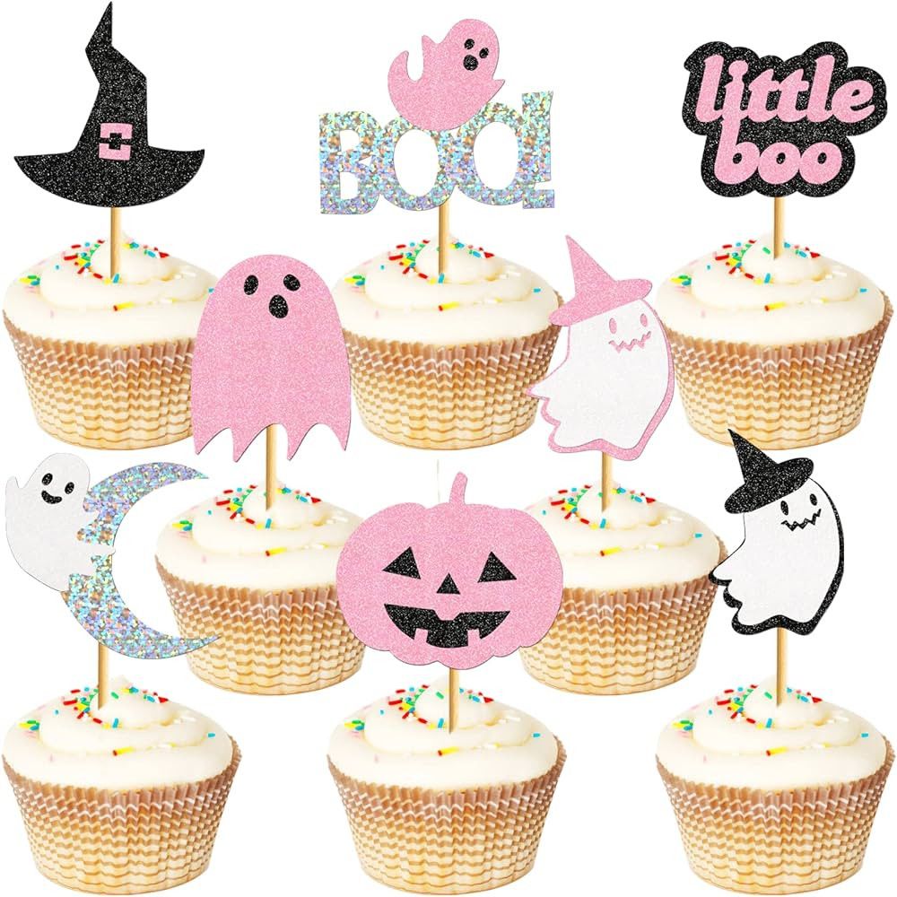 48Pcs Pink Halloween Cupcake Toppers Little Boo Baby Shower Cupcake Toppers Girl Spooky One Birth... | Amazon (US)