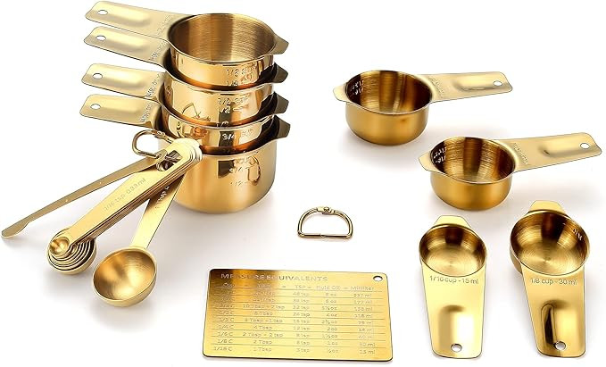 Gold Measuring Cups and Spoons Set (19PCS Set - Golden Plated), 8 Measuring Cups, 9 Measuring Spo... | Amazon (US)